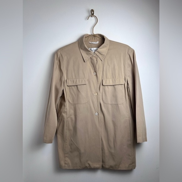 Max Mara utility button down tan  Shirt Italy size 8 custom brooch - Picture 1 of 16
